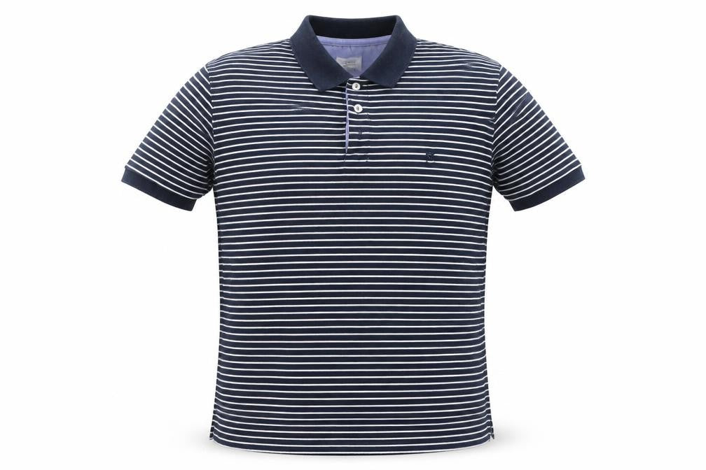 Front view of Cacharel men’s black striped 100% cotton polo, size L, collared button