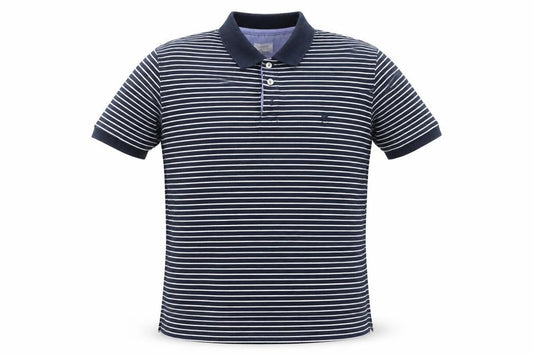 Front view of Cacharel men’s black striped 100% cotton polo, size L, collared button