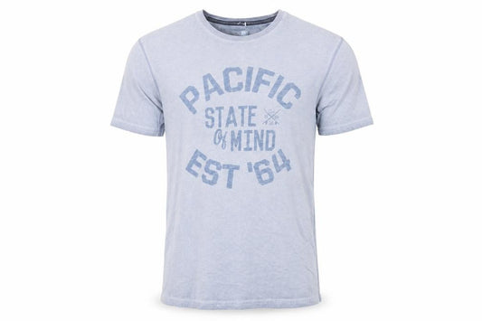 Front view of North Coast men’s blue cotton t-shirt, size M, round neck - pacific state of mind