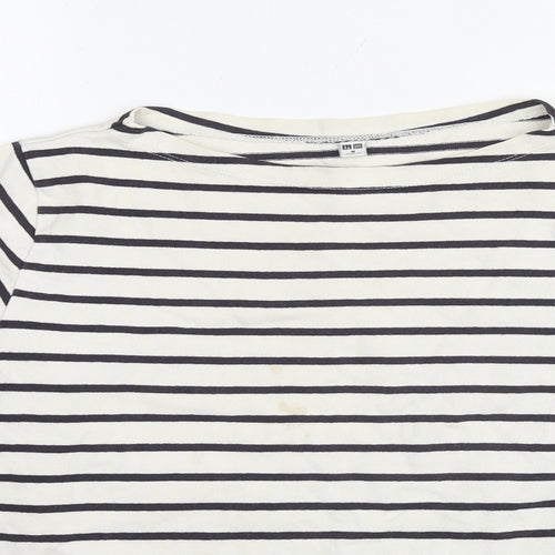 Uniqlo Womens White Striped Cotton Basic T-Shirt Size M Round Neck