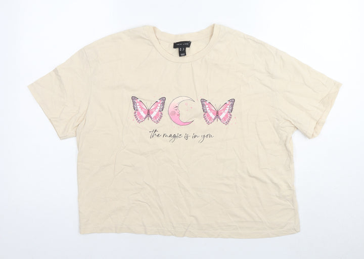 New Look Womens Beige Cotton Basic T-Shirt Size 12 Round Neck - The magic is in you butterflies moon