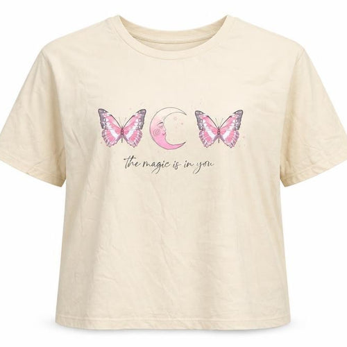 New Look Womens Beige Cotton Basic T-Shirt Size 12 Round Neck - The magic is in you butterflies moon
