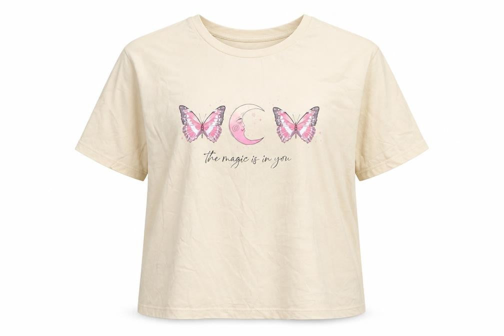New Look Womens Beige Cotton Basic T-Shirt Size 12 Round Neck - The magic is in you butterflies moon