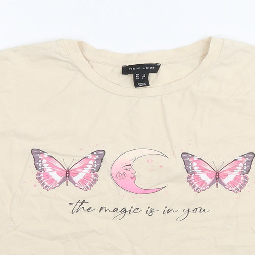 New Look Womens Beige Cotton Basic T-Shirt Size 12 Round Neck - The magic is in you butterflies moon