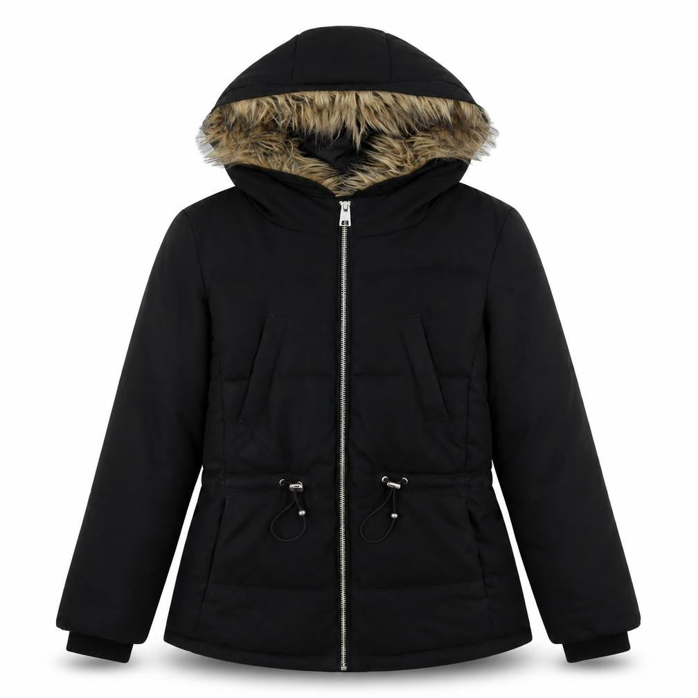 Front view of H&M women’s black parka jacket, size UK 10, zip