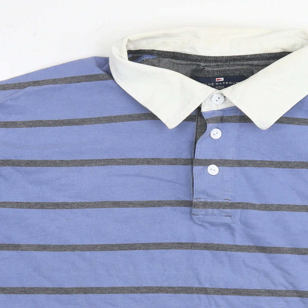 Blue Harbour Mens Blue Striped Cotton Polo Size 2XL Collared Pullover