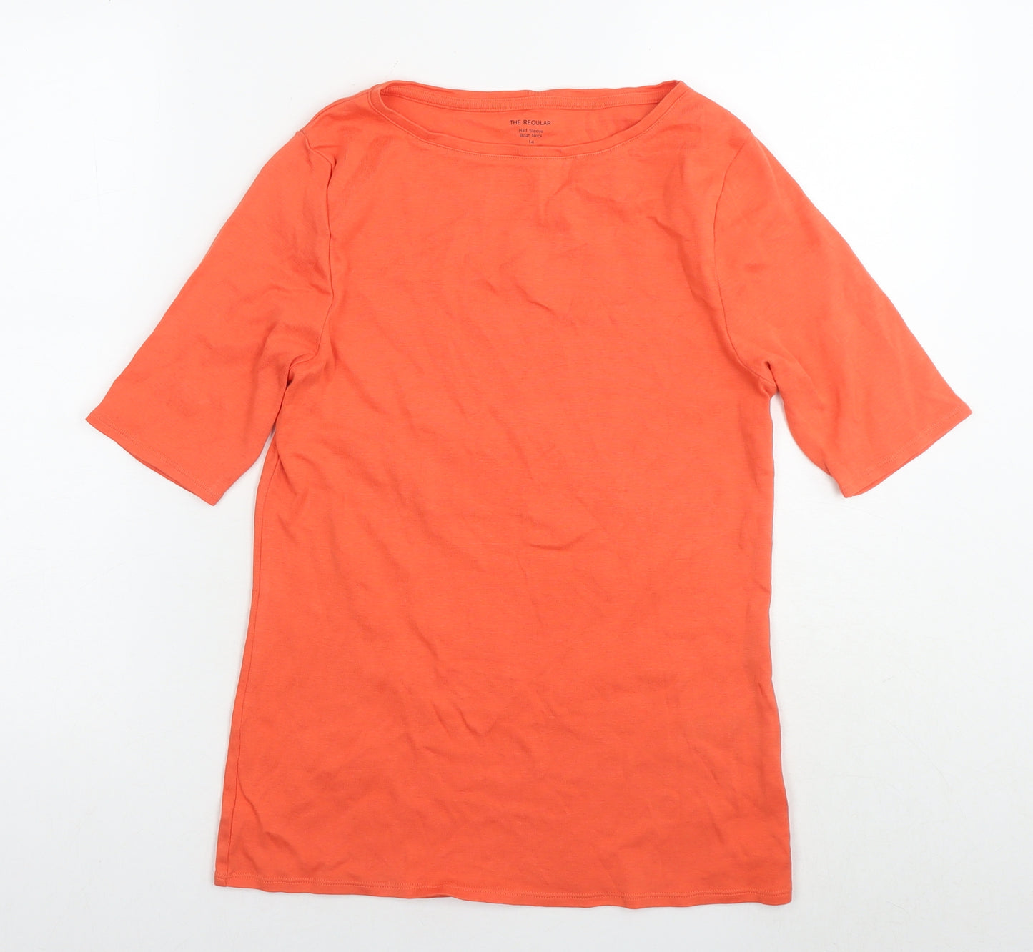 Marks and Spencer Womens Orange Cotton Basic T-Shirt Size 14 Boat Neck