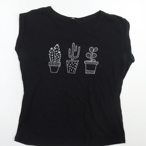 New Look Womens Black Cotton Basic T-Shirt Size 16 Round Neck - Plants