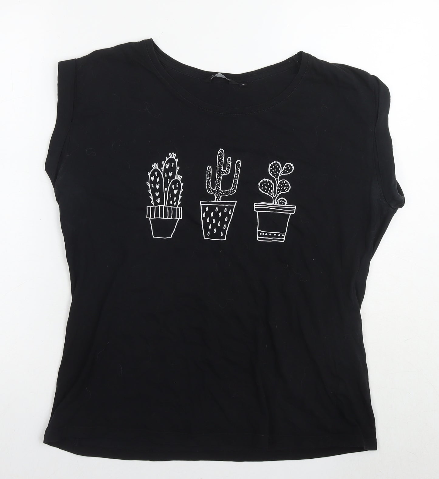 New Look Womens Black Cotton Basic T-Shirt Size 16 Round Neck - Plants