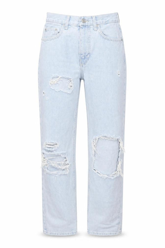 Front view of BDG women’s blue cotton mom jeans, size UK 26, 30-inch leg regular zip