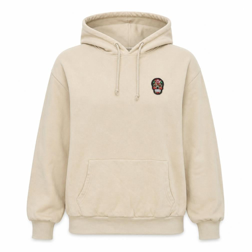Front view of Suspicious women’s beige cotton pullover hoodie, size M, pullover - skull