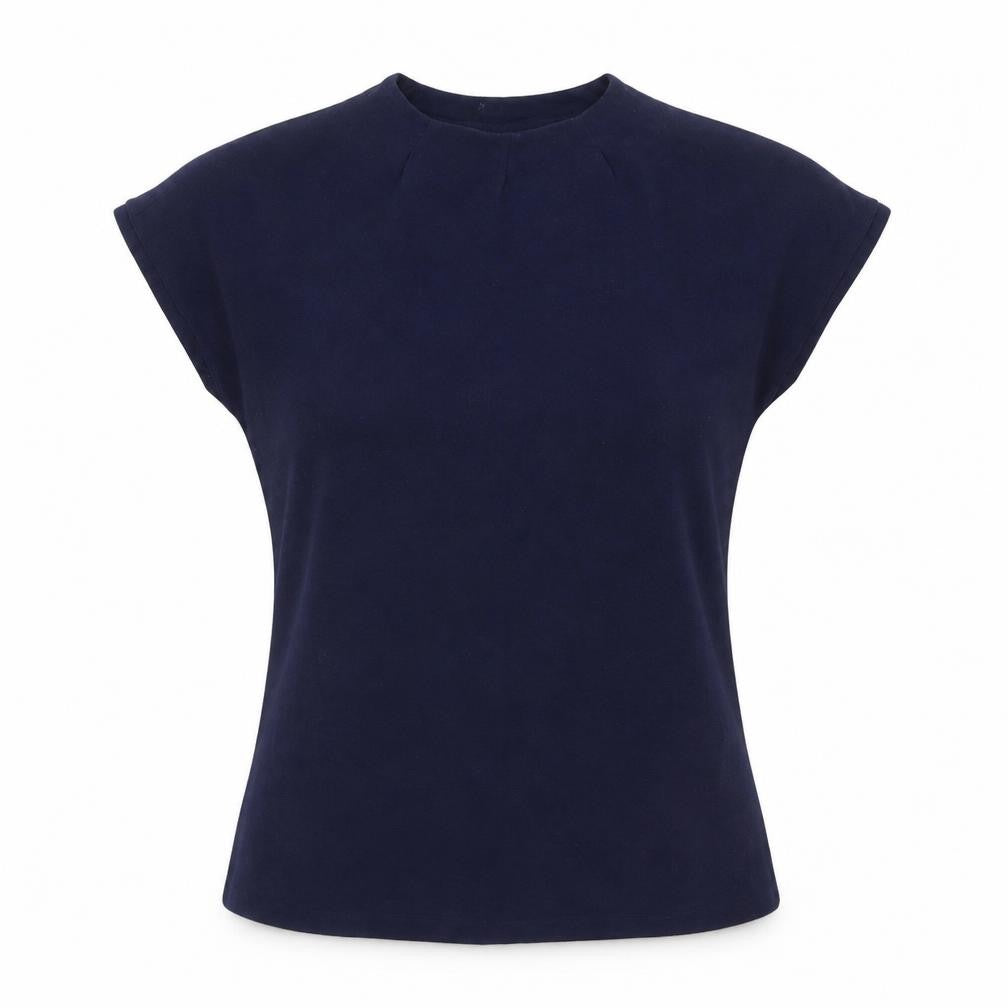 Front view of Fransa women’s blue viscose basic t-shirt, size M, round neck