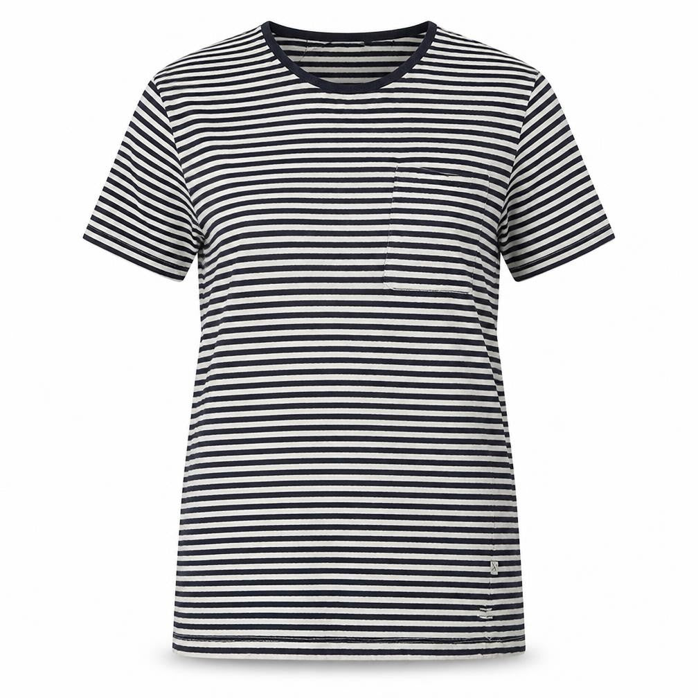 Front view of Casual Friday women’s black striped cotton basic t-shirt, size L, round neck