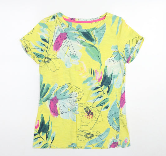 Joules Womens Yellow Floral Cotton Basic T-Shirt Size 10 Round Neck