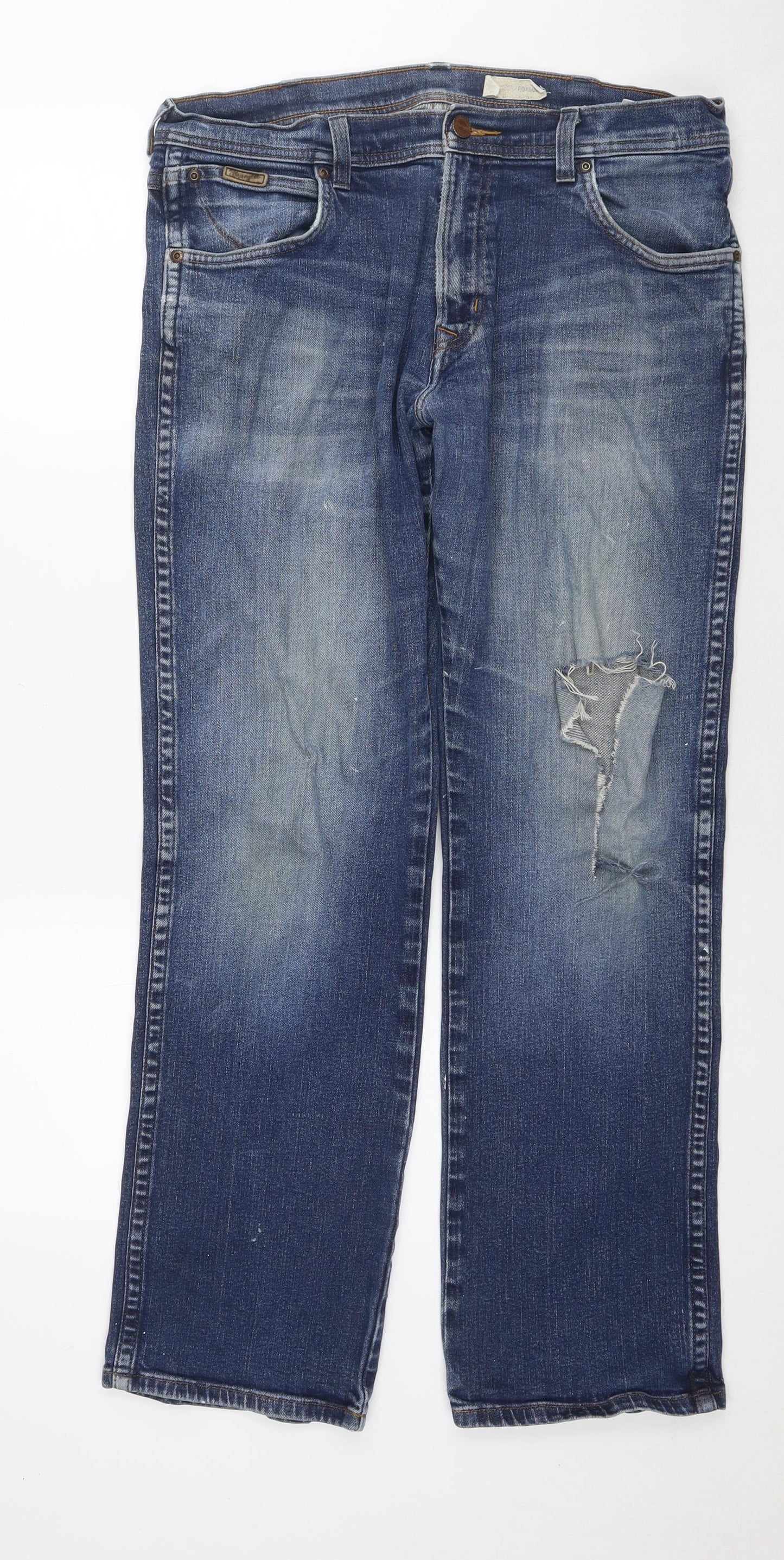 Wrangler Mens Blue Cotton Straight Jeans Size 34 in L32 in Regular Zip