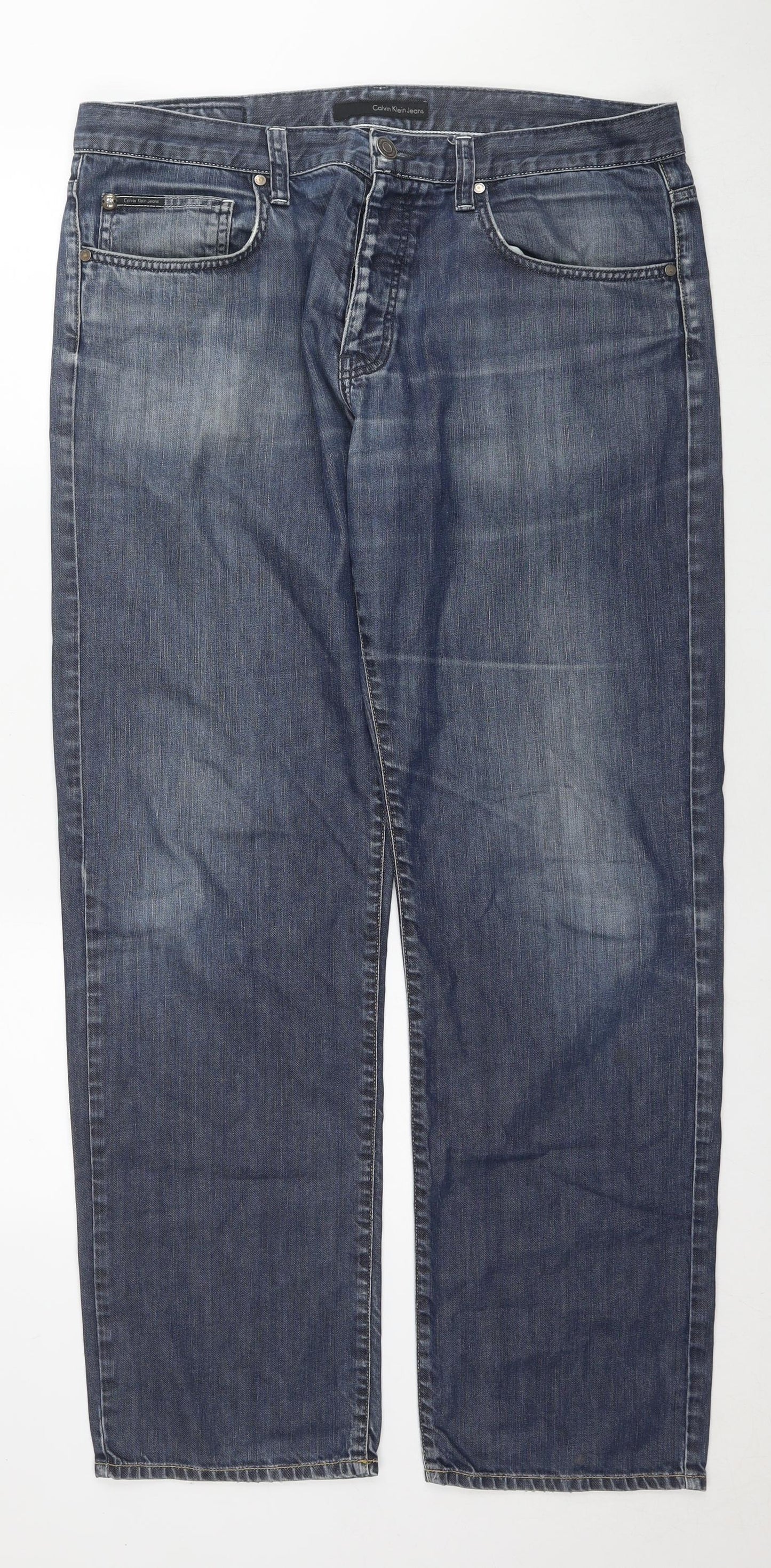 Calvin Klein Mens Blue Polyester Blend Straight Jeans Size 38 in L32 in Relaxed Zip