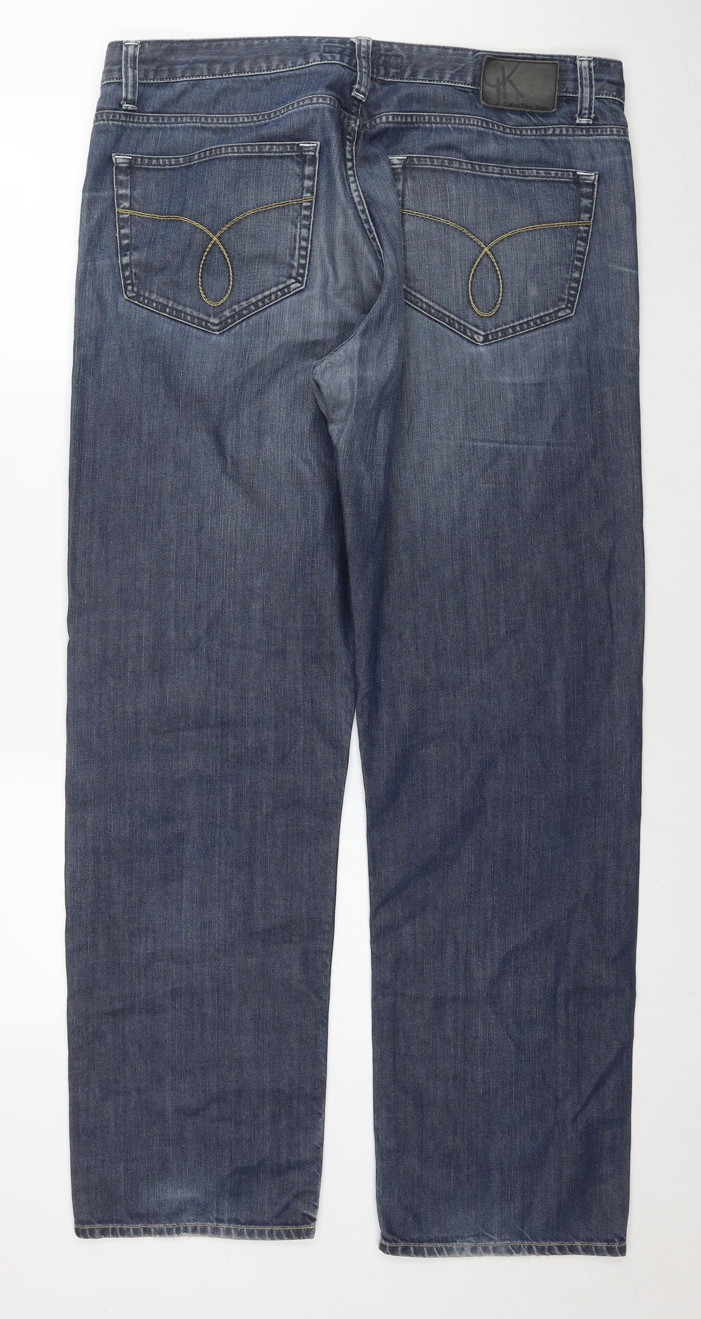 Calvin Klein Mens Blue Polyester Blend Straight Jeans Size 38 in L32 in Relaxed Zip