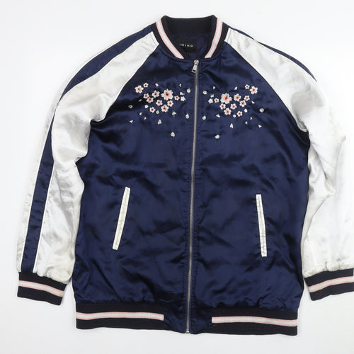 Timing Womens Blue Bomber Jacket Jacket Size L Zip - Flowers