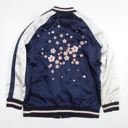 Timing Womens Blue Bomber Jacket Jacket Size L Zip - Flowers