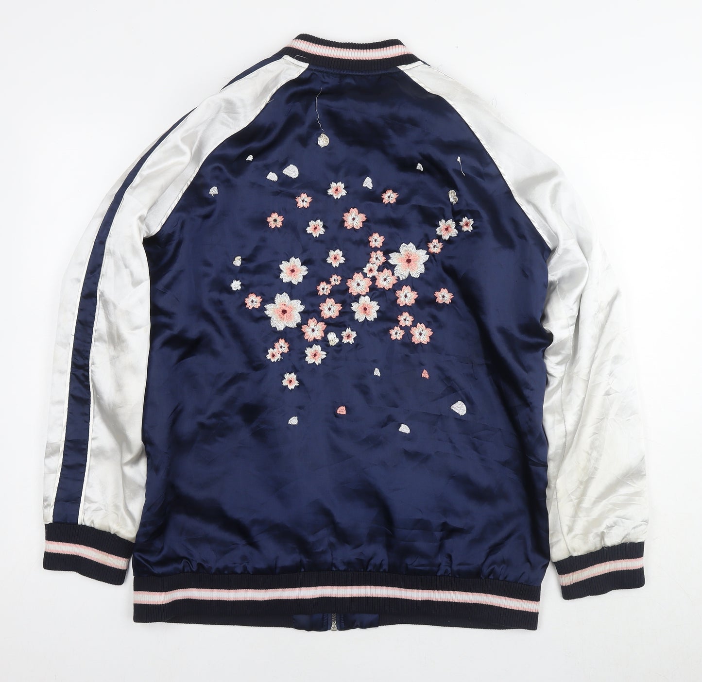 Timing Womens Blue Bomber Jacket Jacket Size L Zip - Flowers