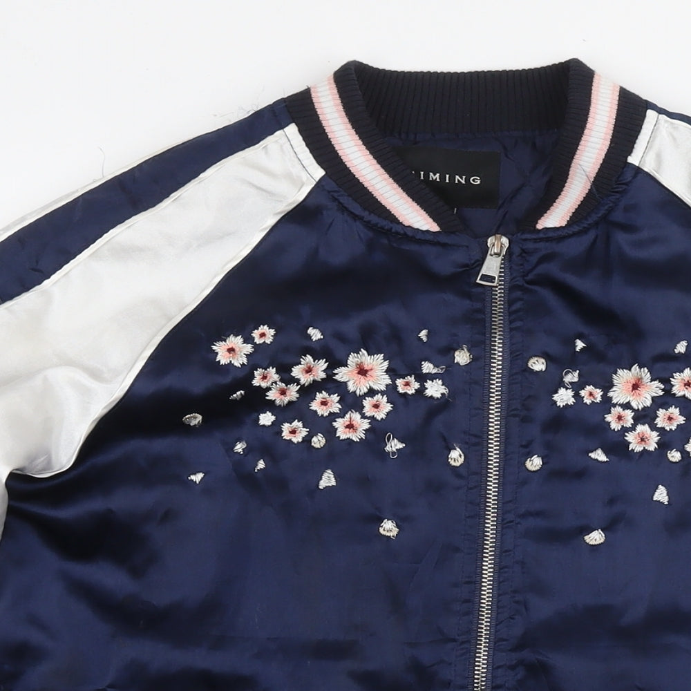 Timing Womens Blue Bomber Jacket Jacket Size L Zip - Flowers