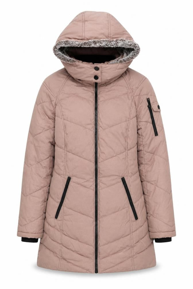 Front view of HFX Performance women’s beige quilted jacket, size S, zip