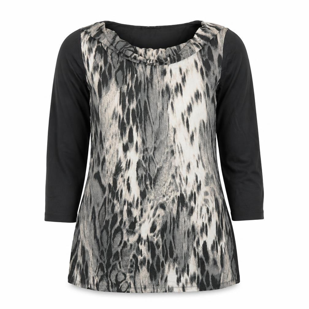 Front view of Olsen women’s grey geometric viscose basic blouse, size UK 10, round neck
