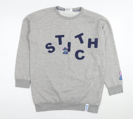 Front view of Disney women’s grey polyester pullover sweatshirt, size UK 12, pullover - stitch, size UK 12-14
