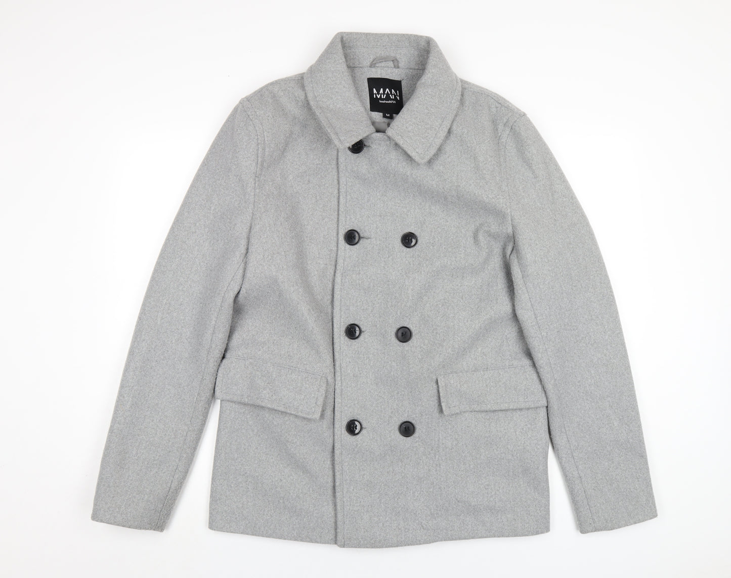 Boohoo Mens Grey Pea Coat Coat Size M Button