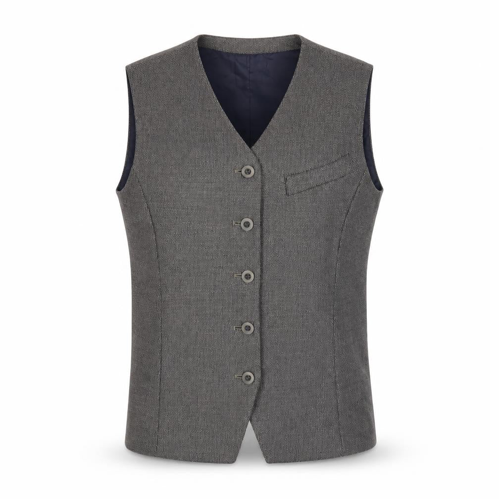 Front view of Precis women’s grey wool jacket suit waistcoat, size UK 12