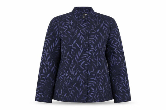 Front view of Jeffery Rogers women’s blue geometric jacket, size UK 14, button