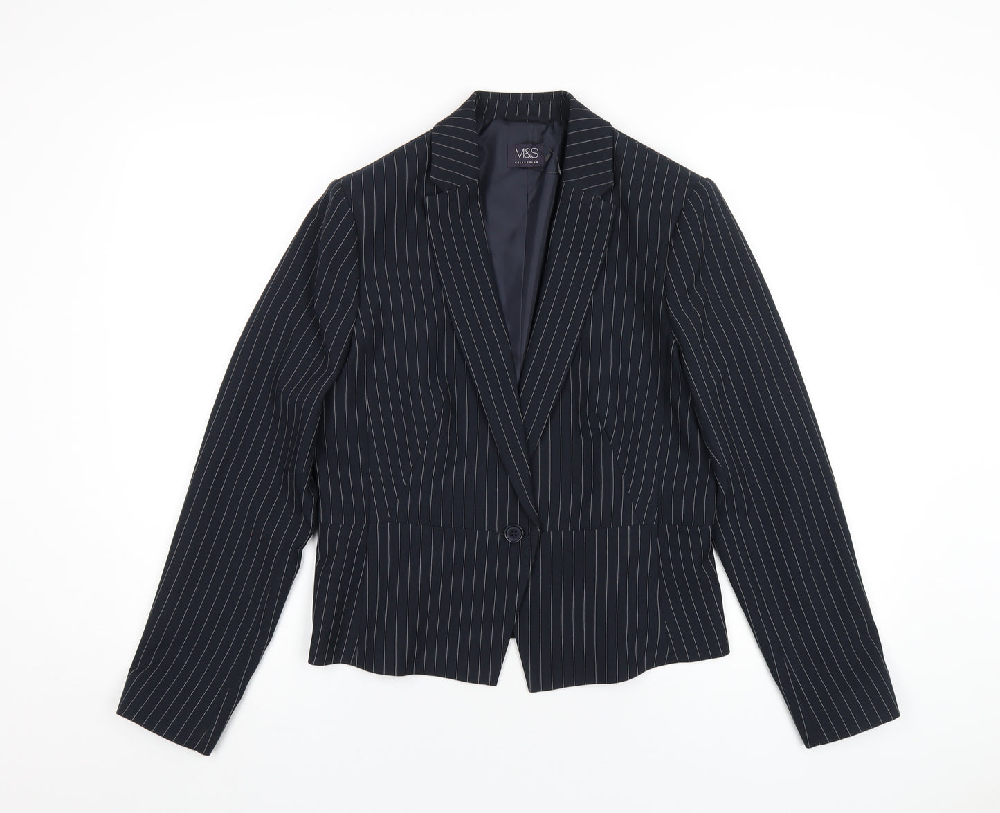 Marks and Spencer Womens Blue Striped Polyester Jacket Blazer Size 12