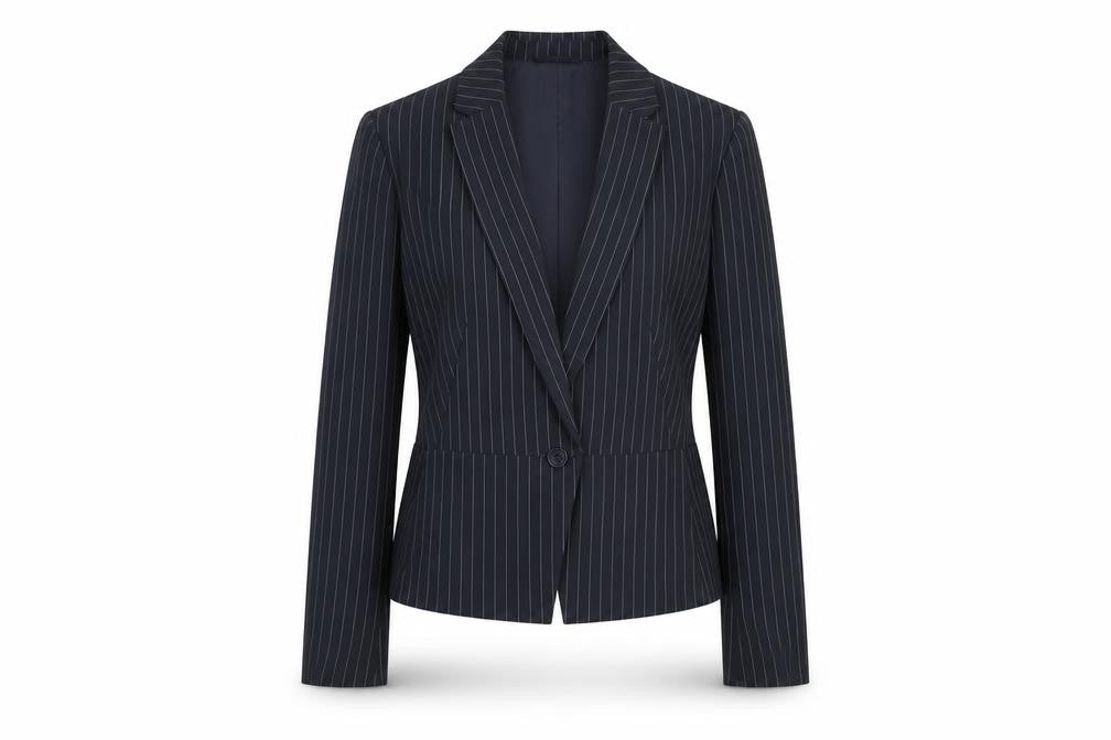 Front view of Marks & Spencer women’s blue striped polyester jacket blazer, size UK 12