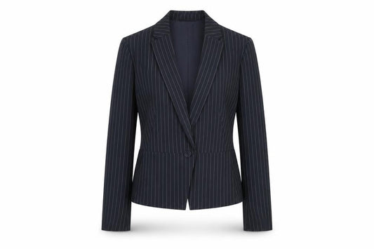 Front view of Marks & Spencer women’s blue striped polyester jacket blazer, size UK 12