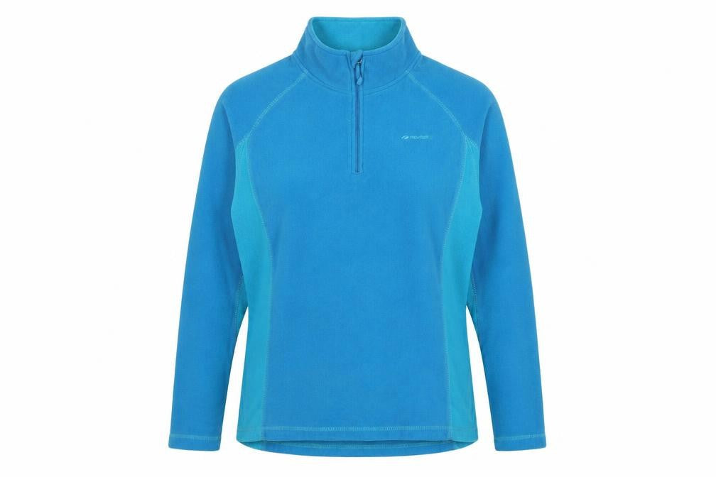 Front view of Mountain Life women’s blue polyester pullover sweatshirt, size UK 10, zip