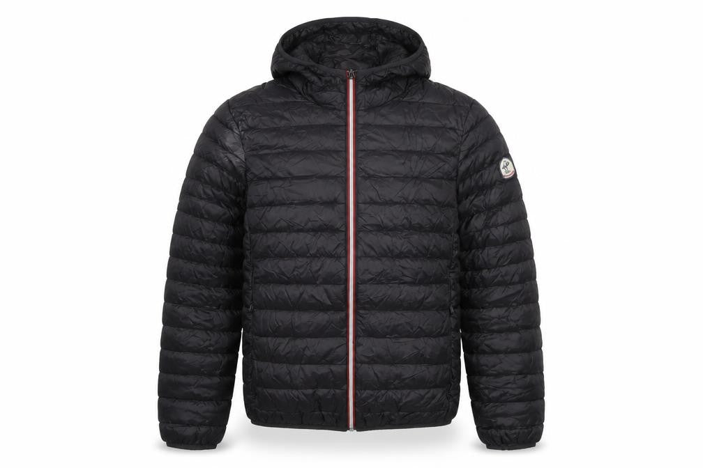 Front view of Back to Alaska men’s black puffer jacket coat, size L, zip
