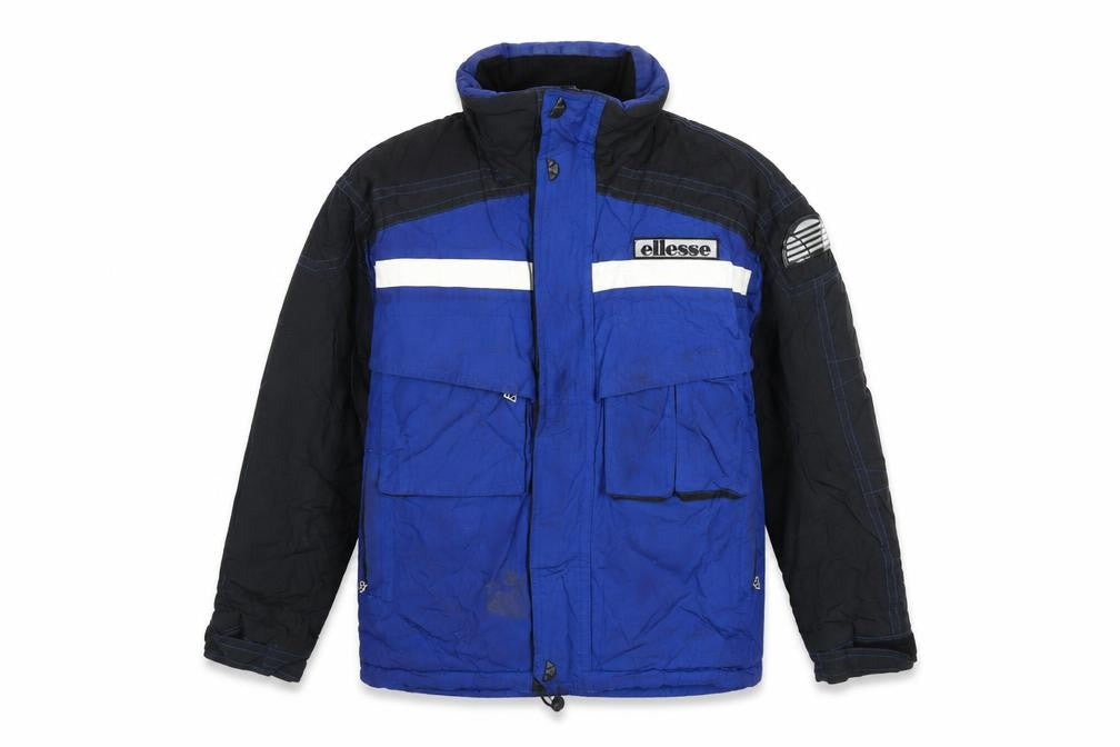 Front view of Ellesse men’s blue rain coat coat, size M, zip