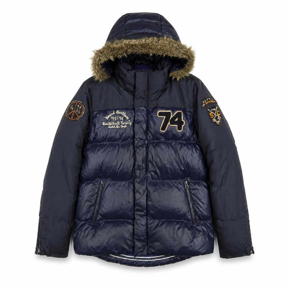 Front view of Scotch Shrunk women’s blue puffer jacket coat, size UK 14, zip
