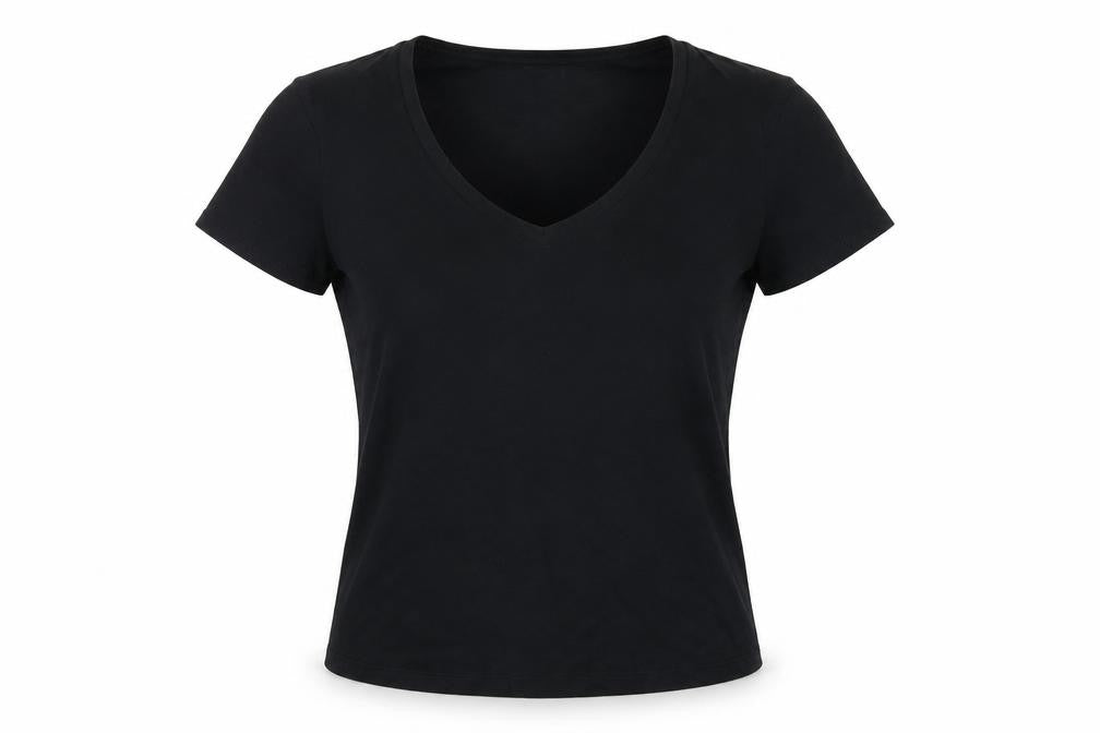Front view of Witchery women’s black cotton basic t-shirt, size M, v-neck