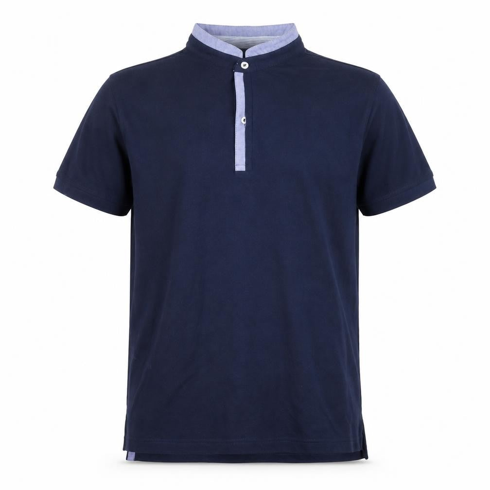 Front view of Dan John men’s blue cotton polo, size M, collared button