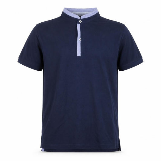 Front view of Dan John men’s blue cotton polo, size M, collared button