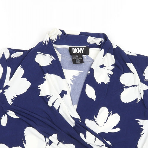 DKNY Womens Blue Floral Polyester Basic T-Shirt Size L V-Neck