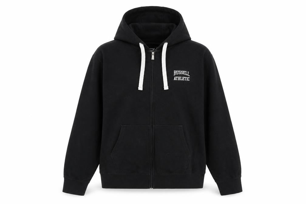 Front view of Russell Athletic women’s black polyester full zip hoodie, size M, zip