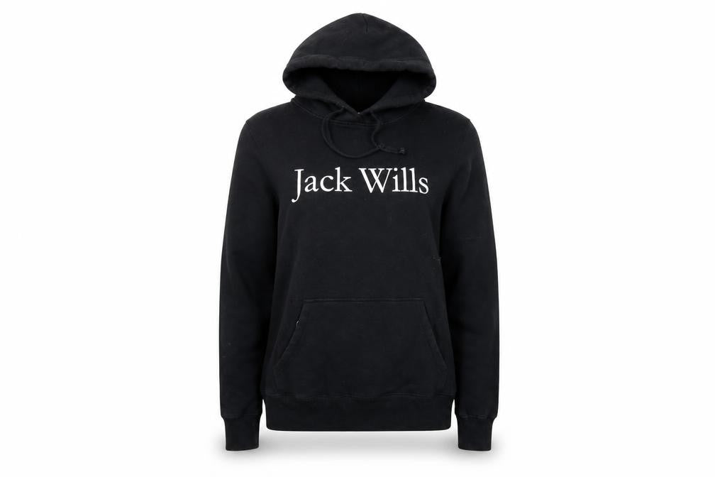 Front view of Jack Wills women’s black cotton pullover hoodie, size UK 12, pullover