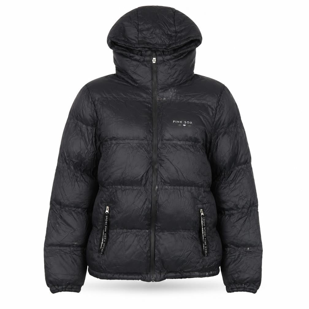 Front view of Pink Soda women’s black puffer jacket coat, size UK 6, zip