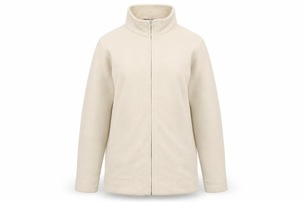 Front view of EWM women’s beige jacket, size UK 10, zip