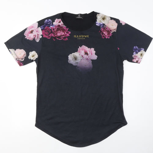 Illusive London Unisex Black Floral T-Shirt M Casual