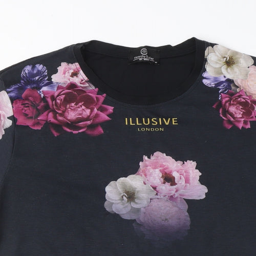 Illusive London Unisex Black Floral T-Shirt M Casual