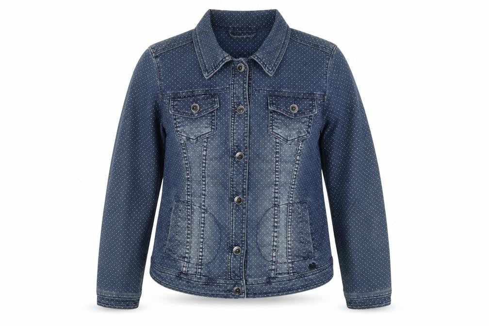 Front view of LERROS women’s blue polka dot jacket, size UK 14, button