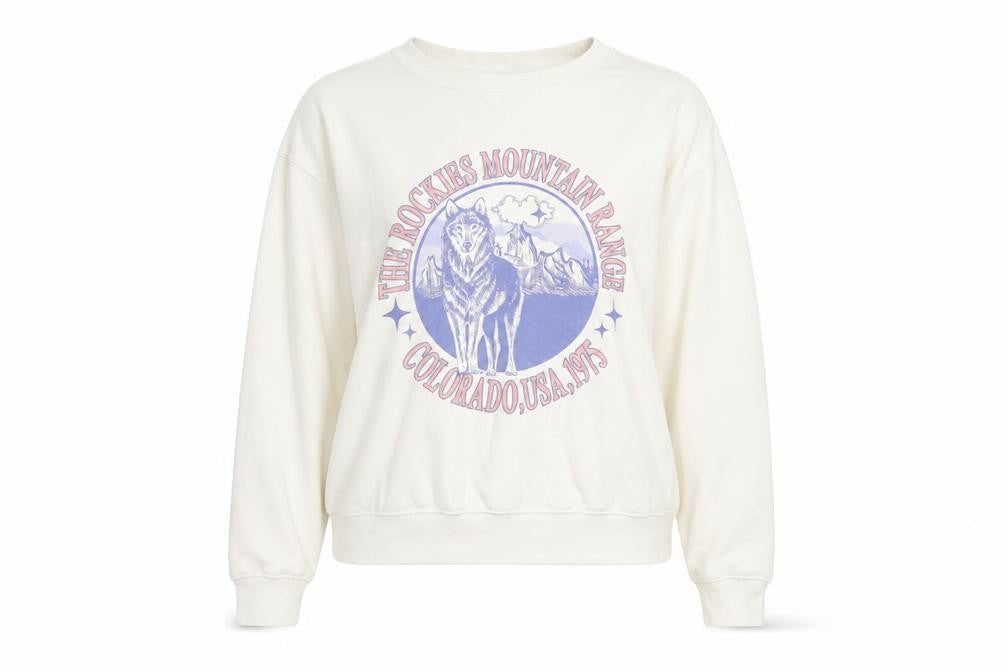Front view of Colorado women’s ivory cotton pullover sweatshirt, size S, pullover - the rockies studio